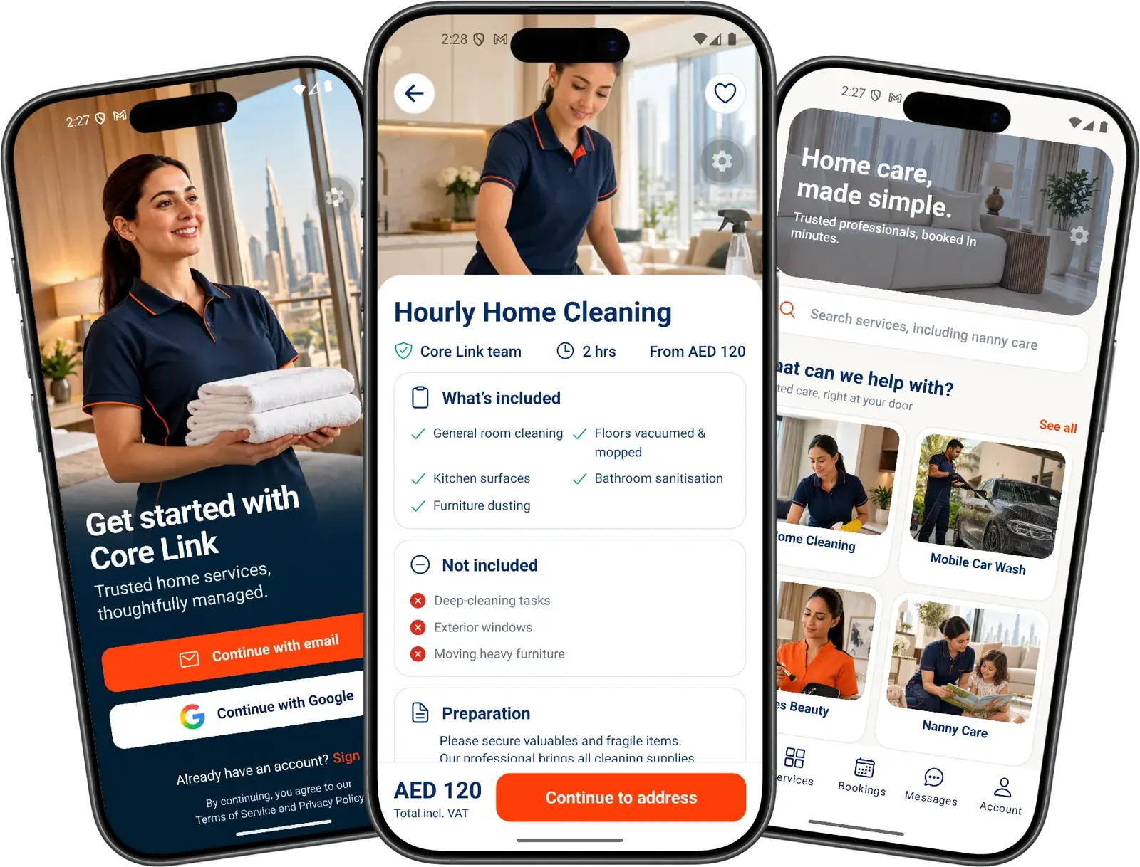 Three Core Link app previews showing sign-up, cleaning details and the service catalogue